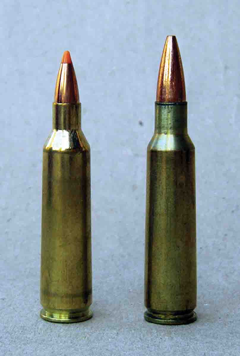 The (left) .22-250 Remington is based on a necked-down .250 Savage.